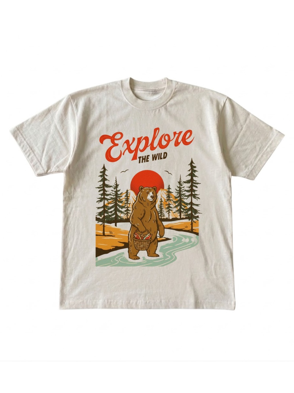 Gildan Explore The Wild Graphic T-Shirt - Cream with Brown Bear Print
